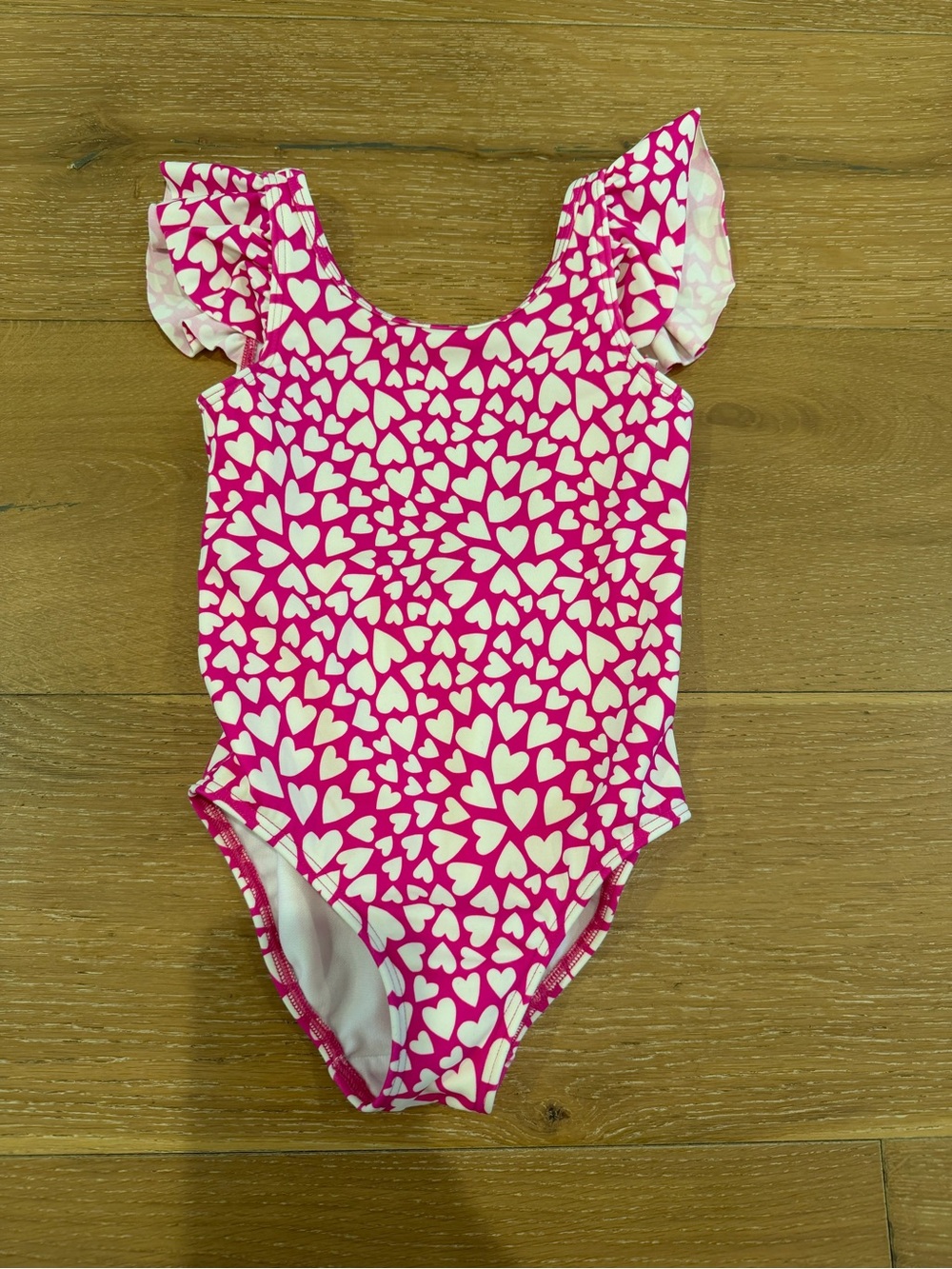 Mini Boden Pink & White Heart Print Girls One-Piece Swimsuit - size 4-5